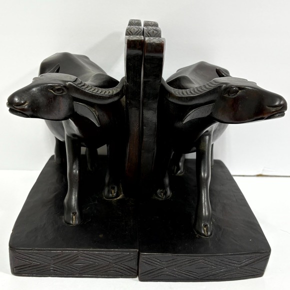 Vintage Hand-Carved Wood Water Buffalo Bookends Black Solid Wood MCM‎ Art Deco